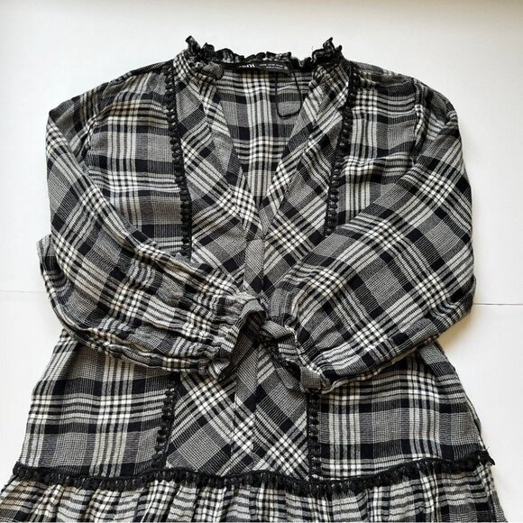 Zara Plaid Checkered Top Blouse Dress Tunic Embroidered Lettuce V Neck Hem Sz XS - Picture 12 of 16
